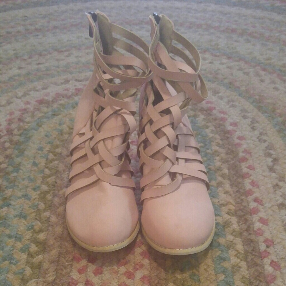 Pale pink strappy booties brand knew